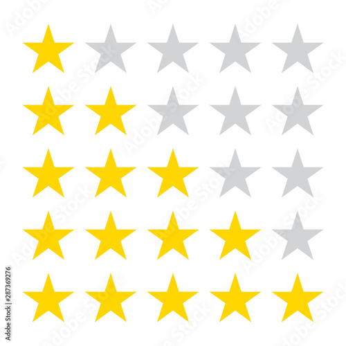 Star rating icons. 5 stars in the row for review. Vector illustration.