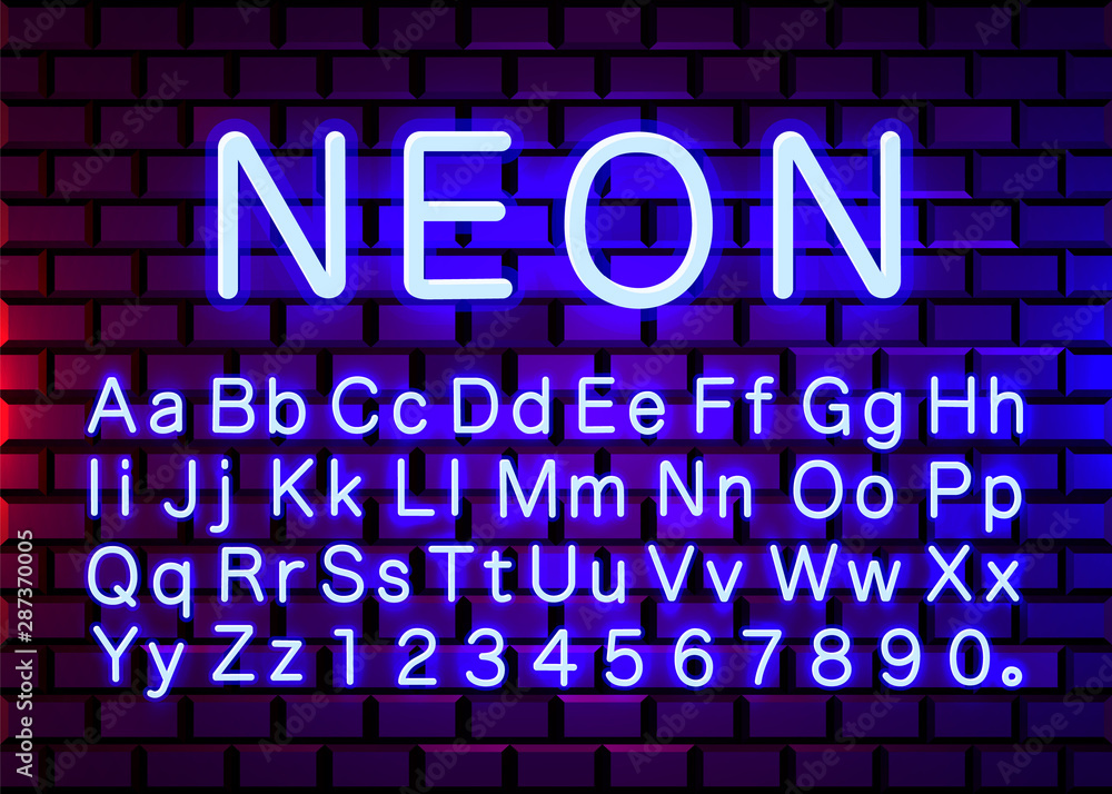 Neon light color blue font. English alphabet and numbers sign.