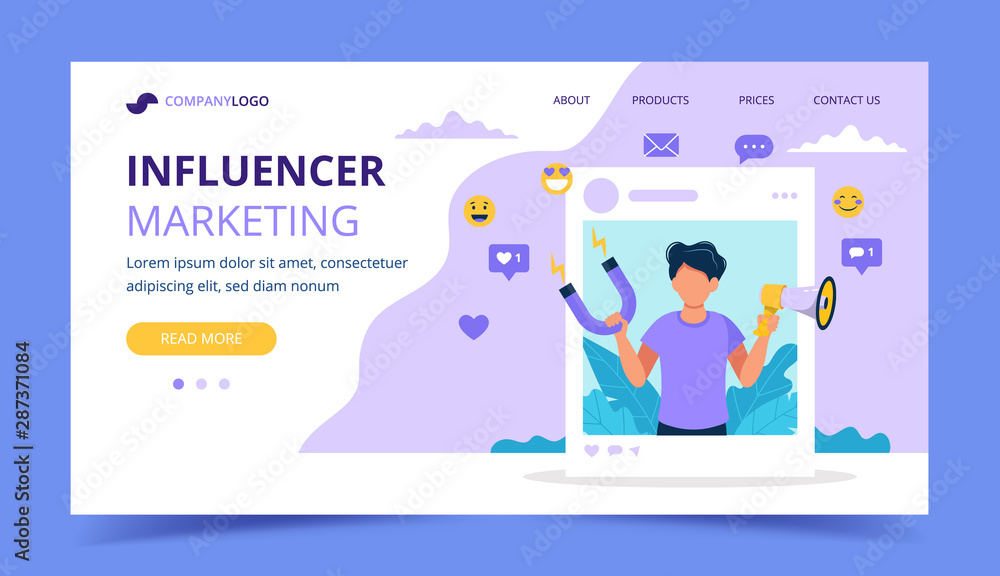 Influencer marketing landing page with man holding megaphone and magnet in the social profile frame. Different social media icons. Vector illustration in flat style Influencer marketing landing page with man holding megaphone and magnet in the social profile frame. Different social media icons. Vector illustration in flat style