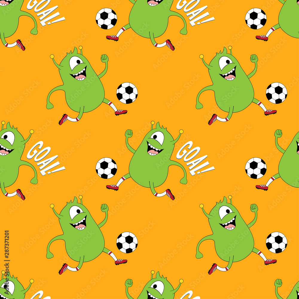 Obraz premium Cute kids monster pattern for girls and boys. Colorful football monster on the abstract bright background. The football monster pattern is made in bright colors. Urban pattern for textile and fabric