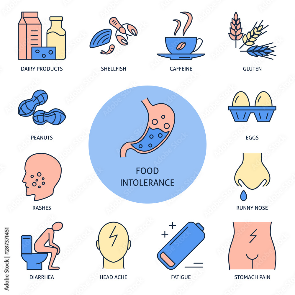 Naklejka premium Food intolerance symptoms and products in line style