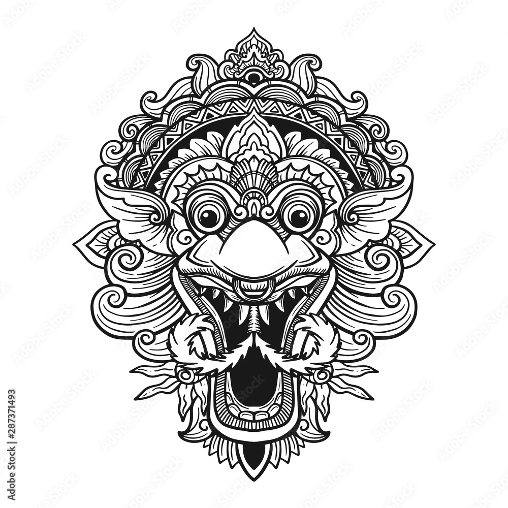 Traditional ritual Balinese mask. Vector outline illustration for coloring book isolated.