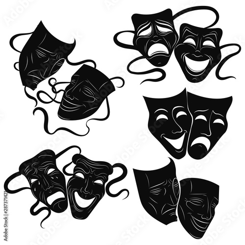 Tragedy and comedy theater masks set. Collection of theater masks. Black and white illustration of carnival masks. Tattoo.