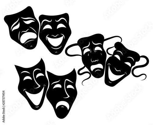 Tragedy and comedy theater masks set. Collection of theater masks. Black and white illustration of carnival masks. Tattoo.