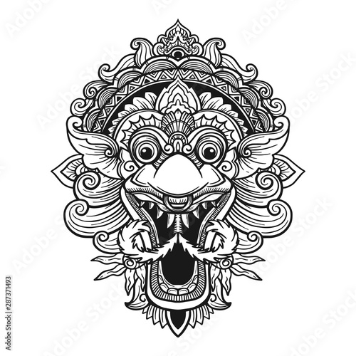 Traditional ritual Balinese mask. Vector outline illustration for coloring book isolated.