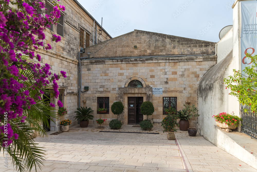 The building for the pilgrims to stay on the territory of the catholic Christian Transfiguration Church located on Mount Tavor near Nazareth in Israel