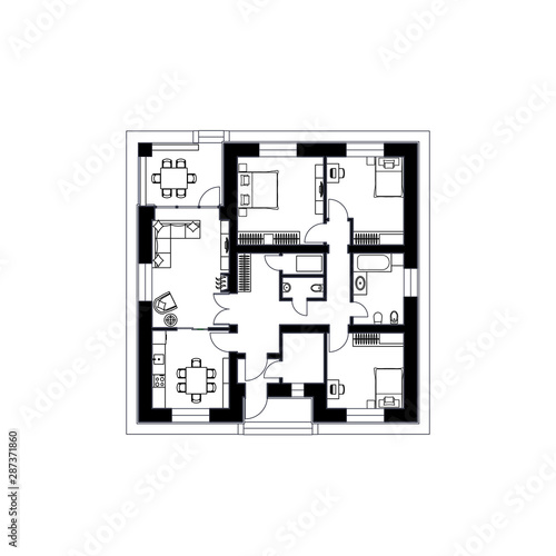 Architectural floor plan of a house. The drawing of the cottage. Isolated on white background. Vector black illustration EPS10