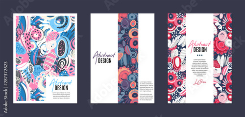 Set of vector templates. Hand drawn abstract shapes, scribbles, spirales. Stains and spots of paint. It can be used as book, notebook or magazine cover, brochure, booklet, annual report, flyer