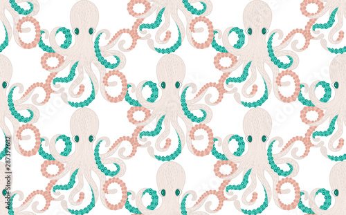 Vector seamless pattern with octopus. Cute cartoon character. Colorful marine life. Underwater creatures. Design for attributes of water park, aquarium. Wrapping paper, package, wallpaper, textile