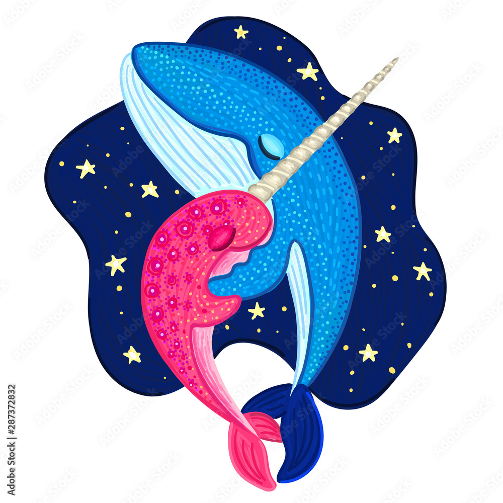 Vector narwhal and blue whale are hugging and dancing. Cute cartoon  character. Colorful marine life. Design for attributes of water park and  aquarium. Print on clothes, covers, posters. Sticker, label Stock Vector |