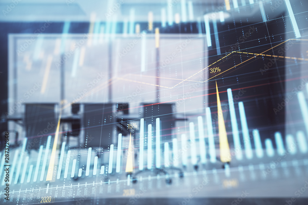 Double exposure of forex chart on conference room background. Concept of stock market analysis Double exposure of forex chart on conference room background. Concept of stock market analysis