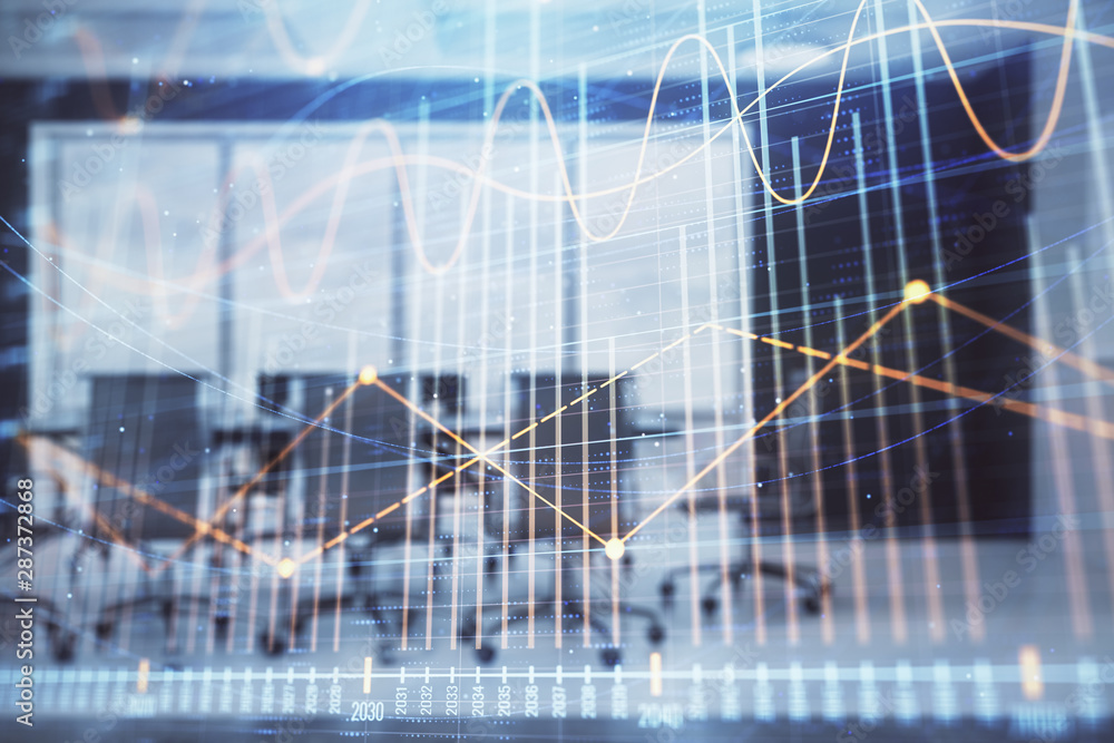 Double exposure of forex chart on conference room background. Concept of stock market analysis Double exposure of forex chart on conference room background. Concept of stock market analysis