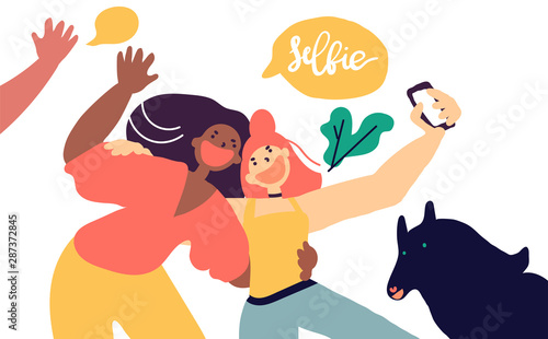 Family selfie hand drawn vector illustration cartoon cute character, teen and middle age women, pet dog taking selfie together happy active lifestyle, technology use.