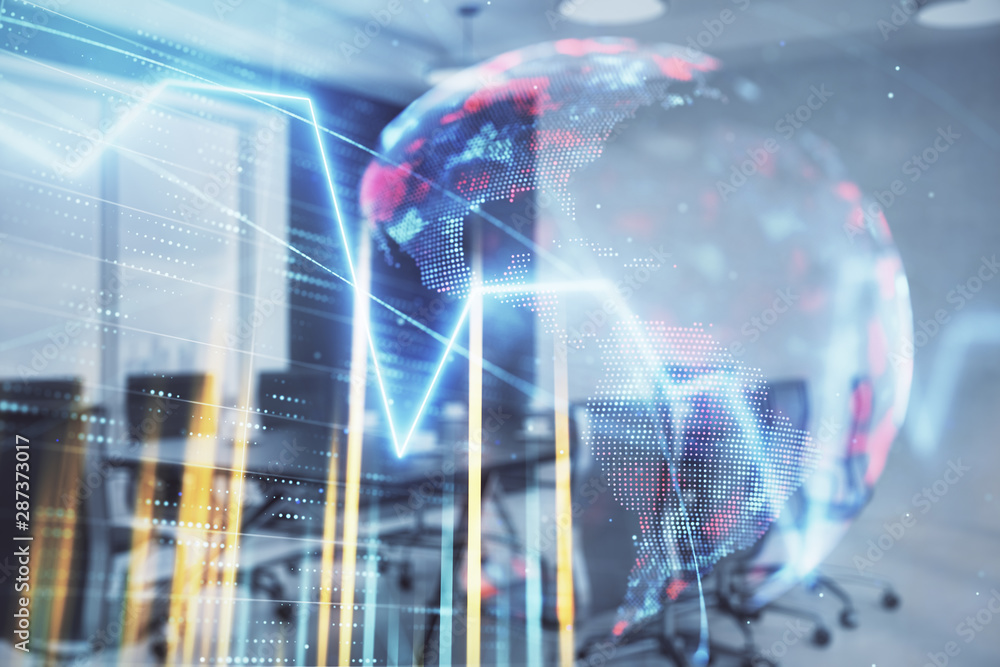 Double exposure of stock market graph with globe hologram on conference room background. Concept of international finance Double exposure of stock market graph with globe hologram on conference room background. Concept of international finance