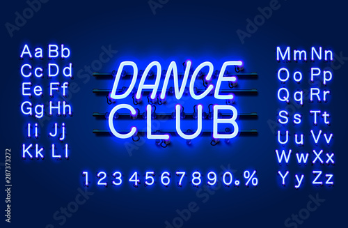 Neon Dance club text banner. Night Sign board.