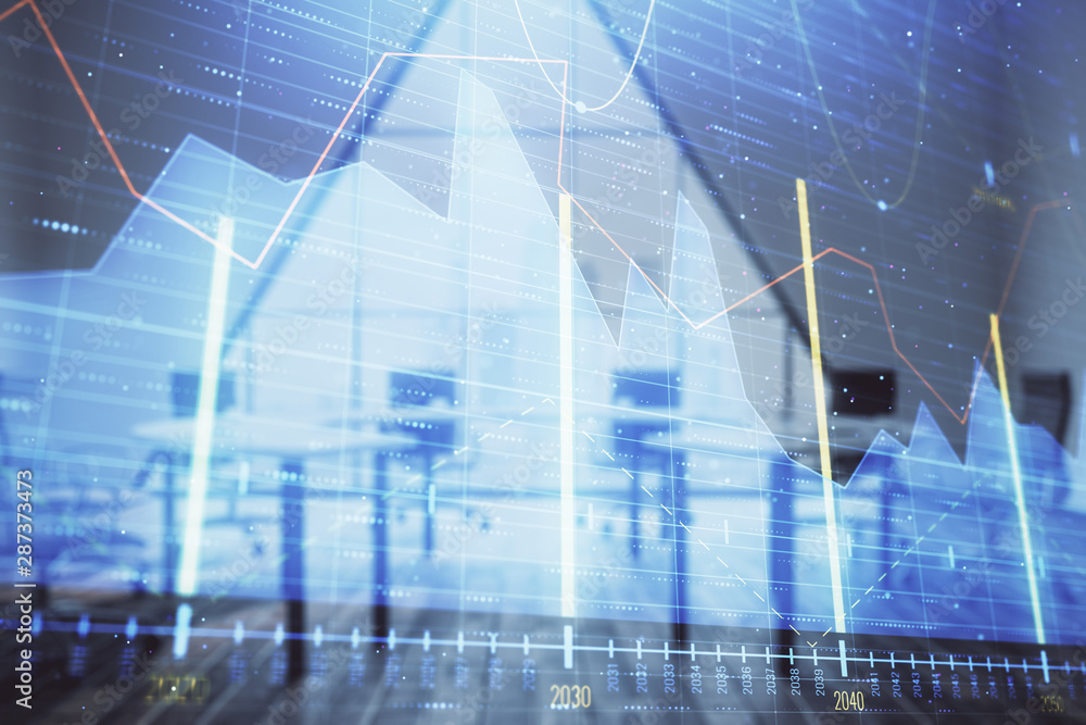 Double exposure of forex chart on conference room background. Concept of stock market analysis Double exposure of forex chart on conference room background. Concept of stock market analysis