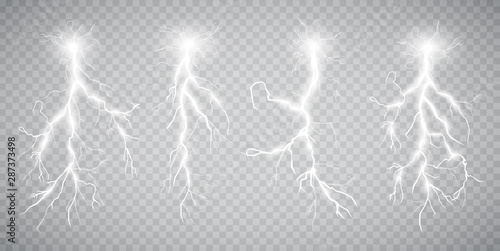 Set of lightnings. Thunder-storm and lightnings. Magic and bright lighting effects. Vector Illustration