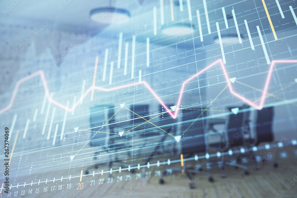 Multi exposure of stock market graph on conference room background. Concept of financial analysis Multi exposure of stock market graph on conference room background. Concept of financial analysis