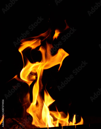 burning wooden logs and large orange flame on a black background
