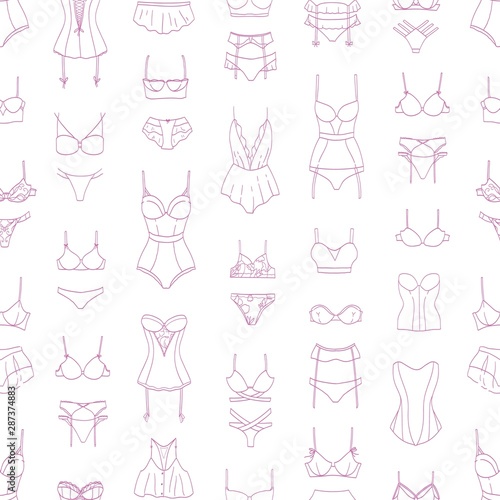 Elegant seamless pattern with lingerie, sleepwear or underwear drawn with contour lines on white background. Backdrop with women's undergarments. Vector illustration in linear style for textile print.