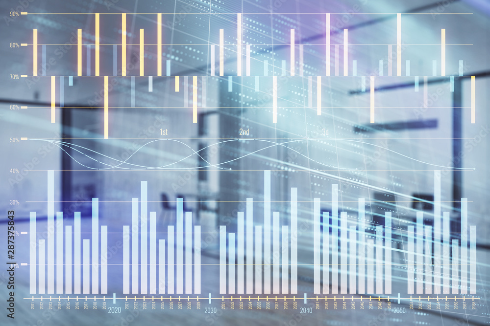 Stock and bond market graph with trading desk bank office interior on background. Multi exposure. Concept of financial analysis Stock and bond market graph with trading desk bank office interior on background. Multi exposure. Concept of financial analysis