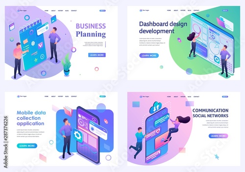 Set of isometric concepts.business planning, create dashboard, mobile app, social network. For Landing page concepts and web design
