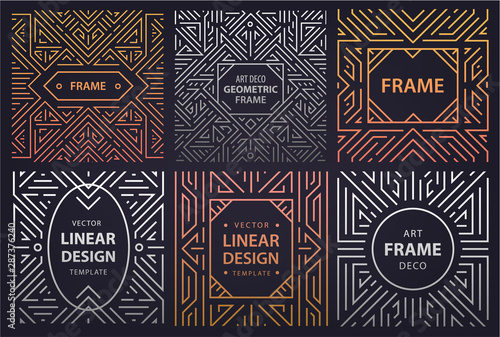 Vector set of art deco frames, adges, abstract geometric design templates for luxury products. Linear ornament compositions, vintage. Use for packaging, branding, decoration, etc.