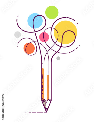 Graphic pencil with curly lines symbolizes creativity, vector logo illustration.