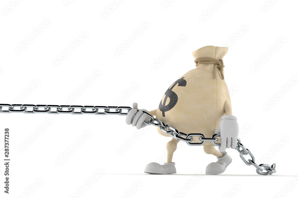 Fototapeta premium Dollar money bag character pulling chain