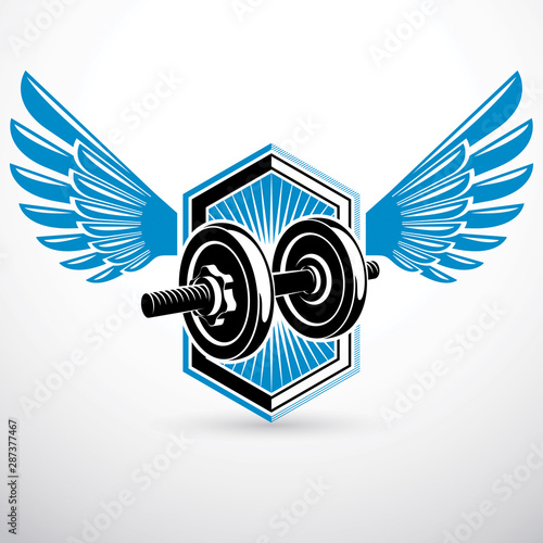 Dumb-bell with disc weight vector illustration created using wings. Gym power lifting sport equipment for heavy load pumping and weightlifting.