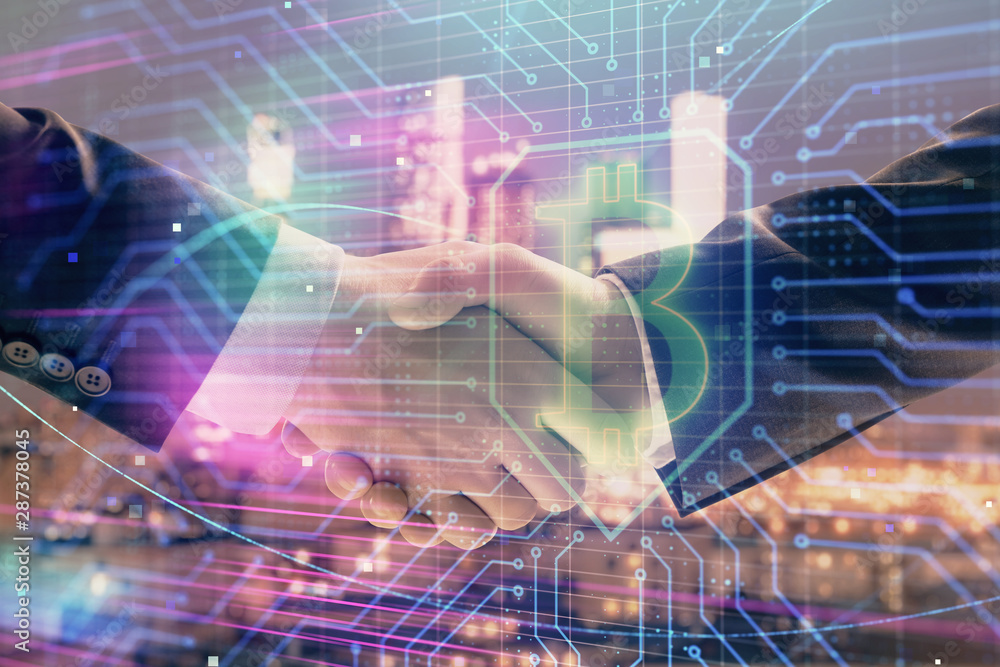 Double exposure of crypto economy theme drawing on cityscape background with handshake. Concept of partnership and blockchain