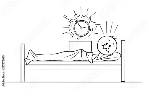 Vector cartoon stick figure drawing conceptual illustration of tired man lying in bed and woken by ringing alarm clock in the early morning.