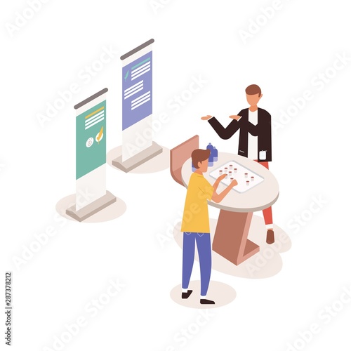 Young man standing near promotional stand, talking to promoter, seller or consultant and tasting drinks or beverages. People at fair, festival or marketplace. Colorful isometric vector illustration.