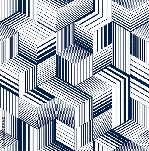 3D cubes seamless pattern vector background, lined dimensional blocks, architecture and construction, geometric design.