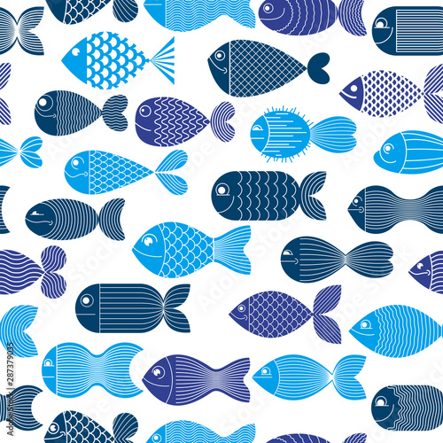 Funny cartoon fishes vector seamless background, cute childish pattern for children textile or wrapping paper or packaging for seafood products.