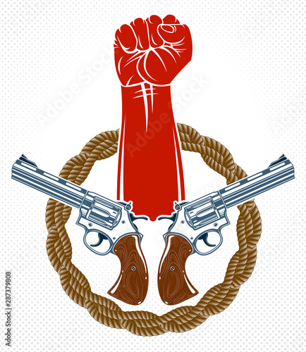 Anarchy and Chaos aggressive emblem or logo with strong clenched fist, vector vintage style tattoo, rebel rioter partisan and revolutionary.