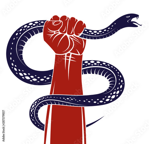 Hand squeezes a snake, fight against evil, control your dark side, internal conflict, archetype shadow, life is a fight concept, vintage vector logo or tattoo.