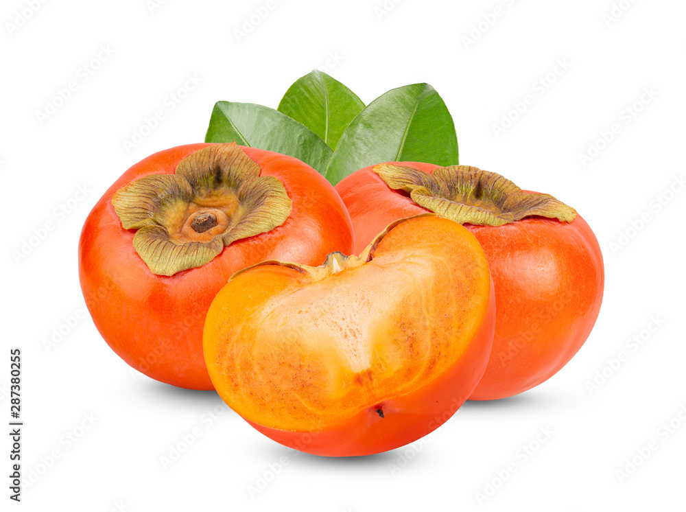 Fototapeta premium ripe persimmons with leaf isolated on white background.