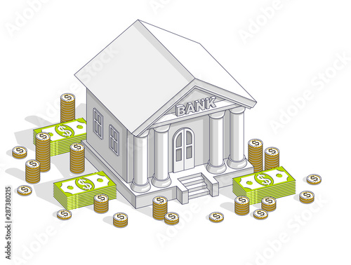 Old cartoon bank building with cash money dollar pile and cent stack cartoon isolated over white background. 3d vector business and finance design, isometric thin line illustration.