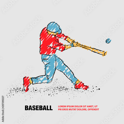 Baseball player hit the ball. Vector outline of Baseball player with scribble doodles.