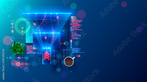 Software update concept. Programming development, optimization, web app or site. Technology of testing, debug code of layout program interface. Coding process for mobile device and desktop computers.