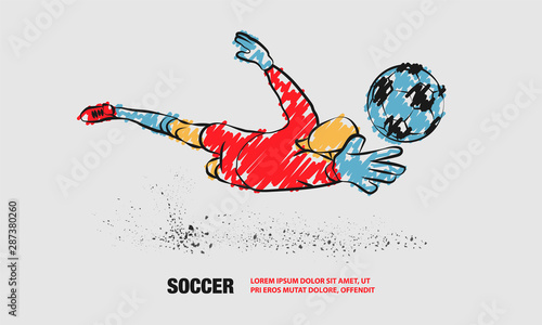Soccer save from the goalkeeper. Vector outline of soccer player with scribble doodles.