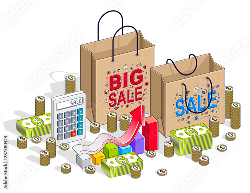 Big Sale concept, Retail, Sellout, Shopping Bag with cash money stacks and calculator isolated on white background. Vector 3d isometric business and finance illustration, thin line design.