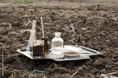 Special glassware for testing soil.Medical glassware in the field.Concept of cheking samples of soil