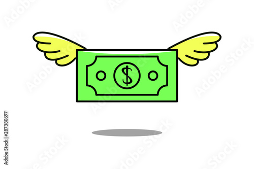 US dollar bill with wings. Flat style. Isolated. On white background. 