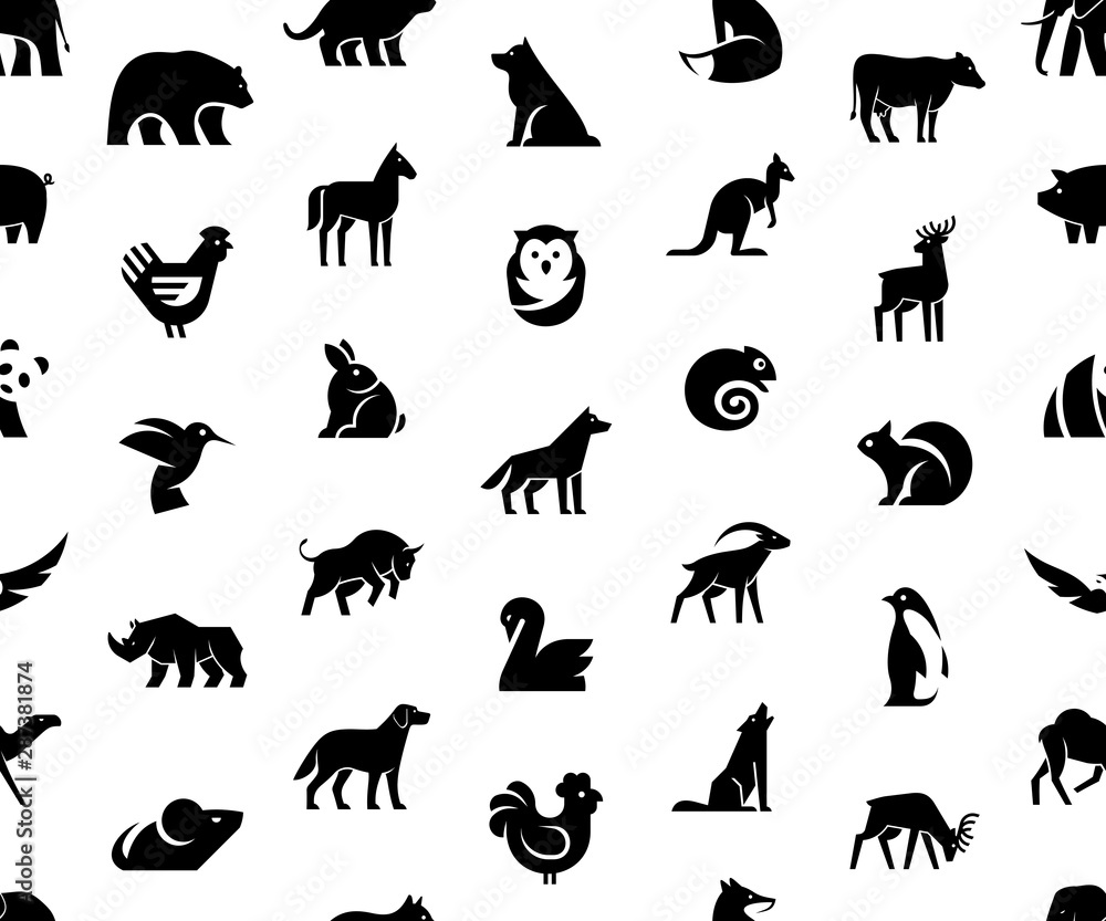 Seamless pattern with Animals logos. Isolated on White background