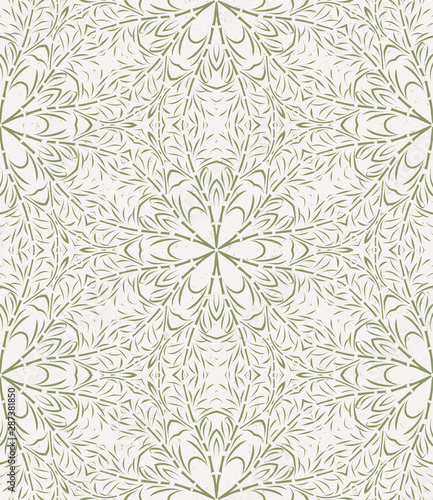 Hand drawn kaleidoscope wagara damask seamless pattern. Modern japanese motif, hand drawn in softgrass green ecru neutral tones. All over print for asian home decor, fashion. Vector swatch repeat. photo