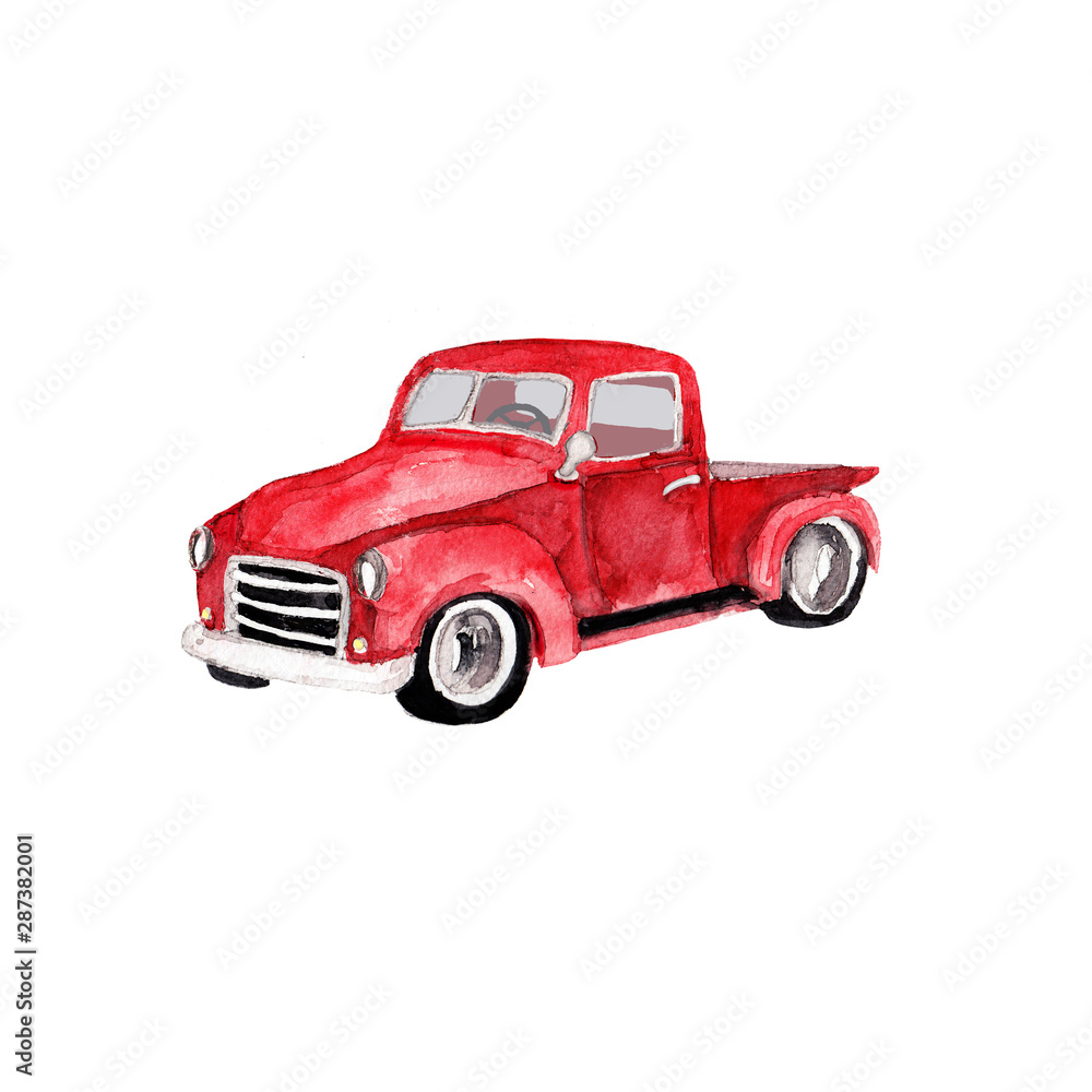 Watercolor hand drawn artistic colorful retro vintage car  with Christmas  tree isolated on white background