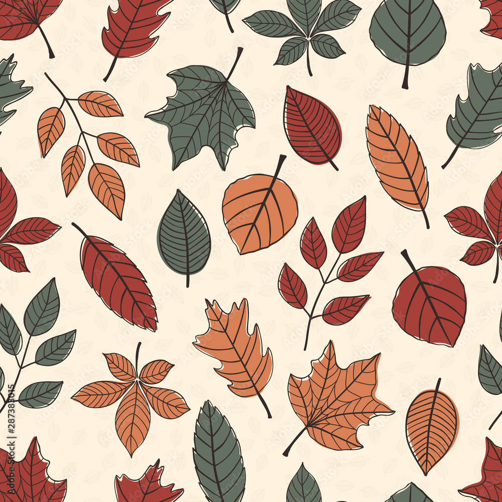 Fototapeta premium Seamless pattern of large autumn leaves on a cream background