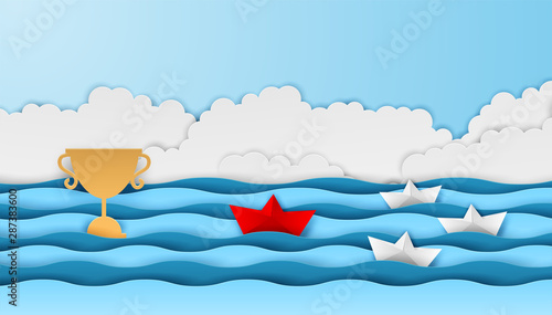 Business leadership ,financial concept. paper boat red leadership to sea go to success goal. paper art style. creative idea. vector ,illustration.